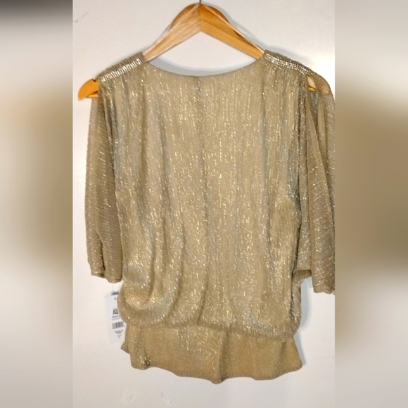 MSK Gold and Rhinestone Slit Bat Wing Sleeve Sparkle Blouse - Picture 4 of 5